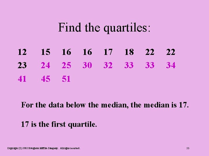 Find the quartiles: 12 23 41 15 24 45 16 25 51 16 30