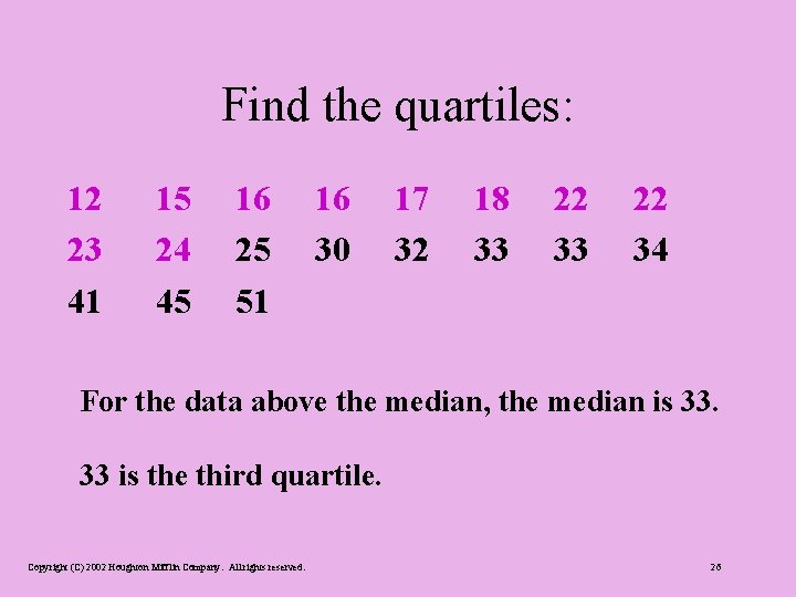 Find the quartiles: 12 23 41 15 24 45 16 25 51 16 30