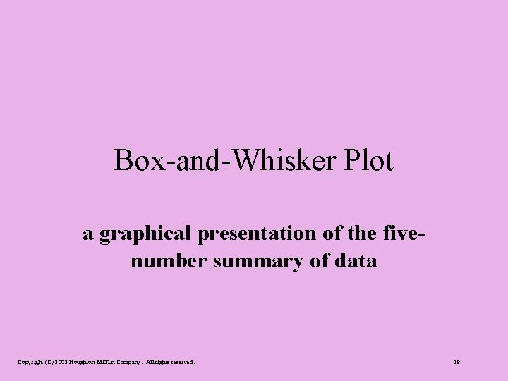 Box-and-Whisker Plot a graphical presentation of the fivenumber summary of data Copyright (C) 2002
