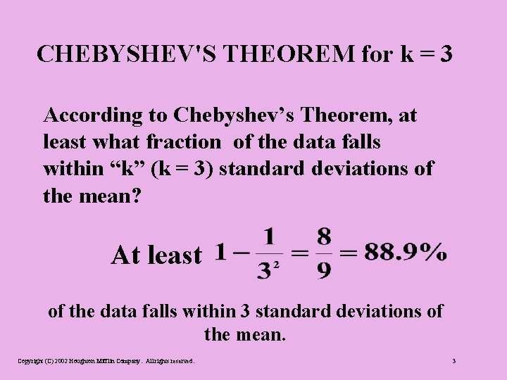 CHEBYSHEV'S THEOREM for k = 3 According to Chebyshev’s Theorem, at least what fraction