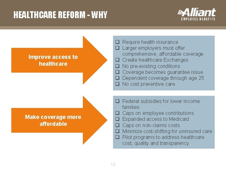 HEALTHCARE REFORM - WHY q Require health insurance q Larger employers must offer comprehensive,