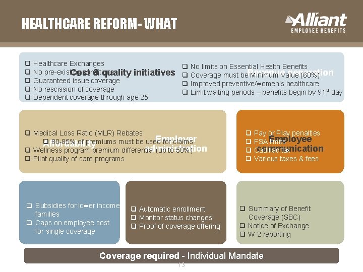 HEALTHCARE REFORM- WHAT q Healthcare Exchanges q No pre-existing conditions Cost & quality initiatives