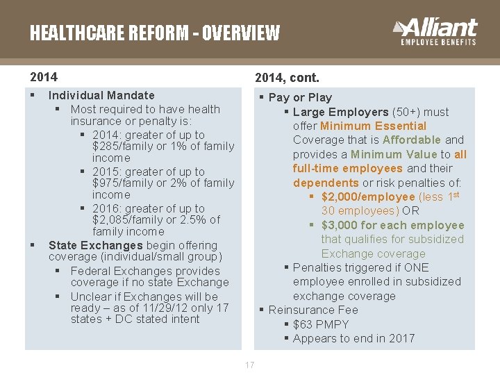 HEALTHCARE REFORM - OVERVIEW 2014 § Individual Mandate § Most required to have health