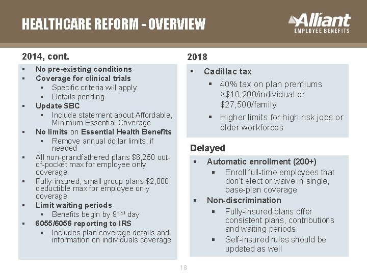 HEALTHCARE REFORM - OVERVIEW 2014, cont. § § § § 2018 No pre-existing conditions