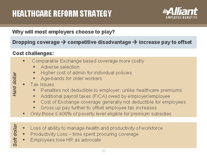 HEALTHCARE REFORM STRATEGY Why will most employers choose to play? Dropping coverage competitive disadvantage