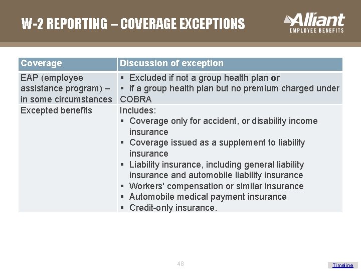 W-2 REPORTING – COVERAGE EXCEPTIONS Coverage Discussion of exception EAP (employee assistance program) –