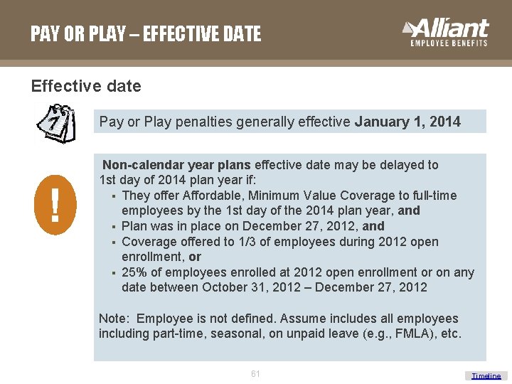 PAY OR PLAY – EFFECTIVE DATE Effective date Pay or Play penalties generally effective