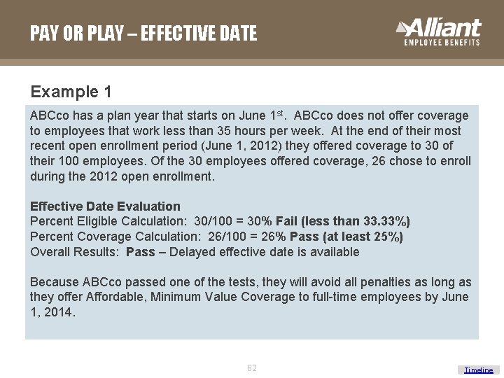 PAY OR PLAY – EFFECTIVE DATE Example 1 ABCco has a plan year that