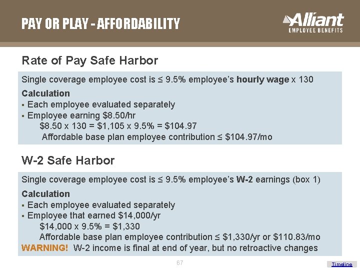 PAY OR PLAY - AFFORDABILITY Rate of Pay Safe Harbor Single coverage employee cost