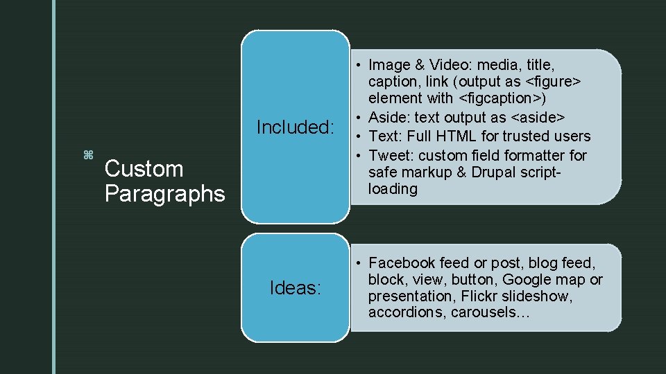 z Included: z Custom Paragraphs Ideas: • Image & Video: media, title, caption, link