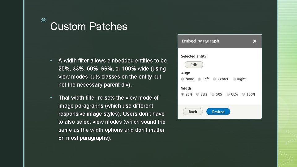 z z Custom Patches § A width filter allows embedded entities to be 25%,