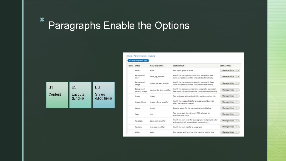 z z Paragraphs Enable the Options 01 02 03 Content Layouts (Bricks) Styles (Modifiers)