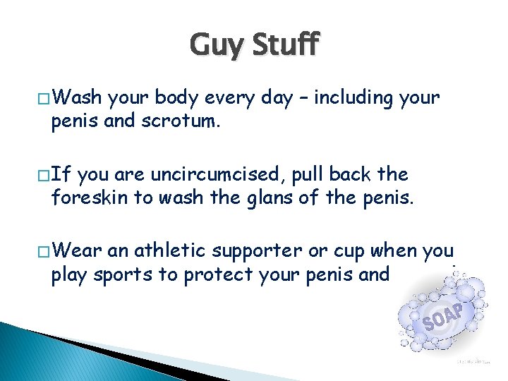 Guy Stuff � Wash your body every day – including your penis and scrotum.
