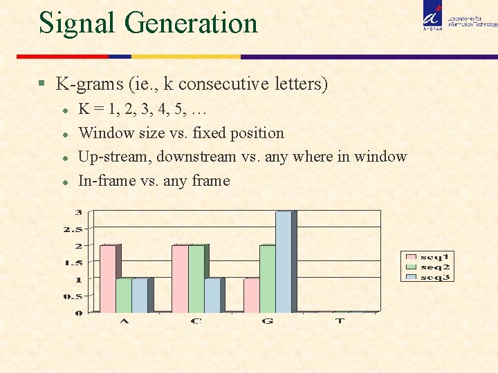 Signal Generation § K-grams (ie. , k consecutive letters) l l K = 1,