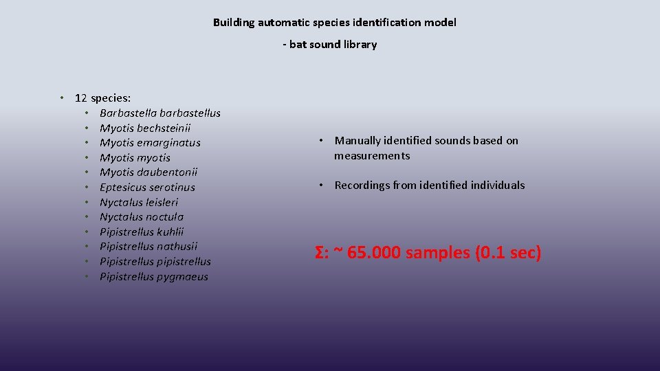Building automatic species identification model - bat sound library • 12 species: • Barbastella