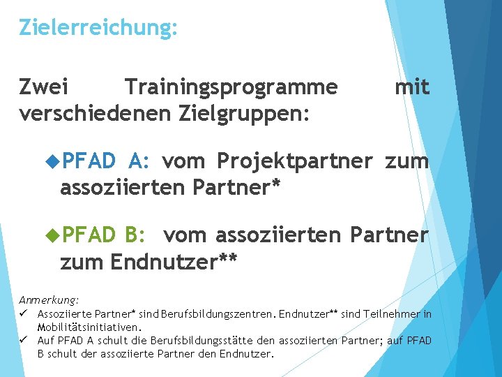 Zielerreichung: Zwei Trainingsprogramme verschiedenen Zielgruppen: mit PFAD A: vom Projektpartner zum assoziierten Partner* PFAD