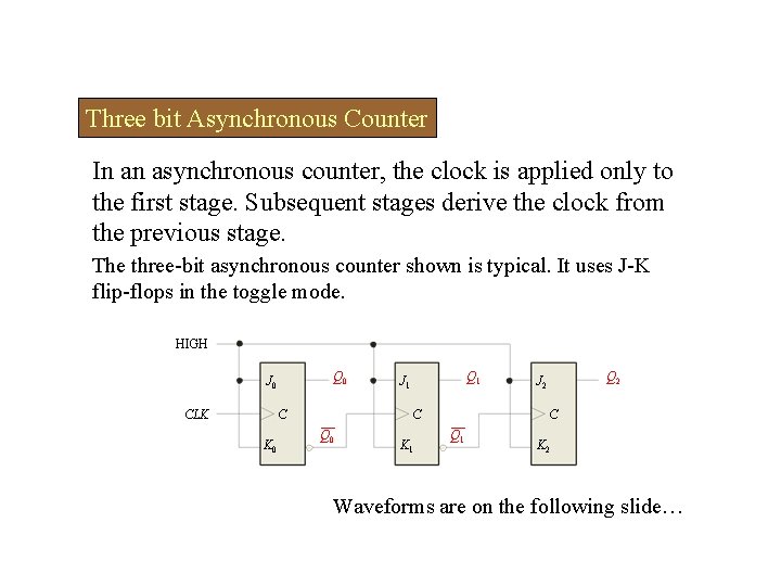 Three bit Asynchronous Counter In an asynchronous counter, the clock is applied only to