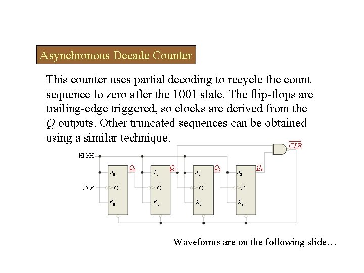 Asynchronous Decade Counter This counter uses partial decoding to recycle the count sequence to
