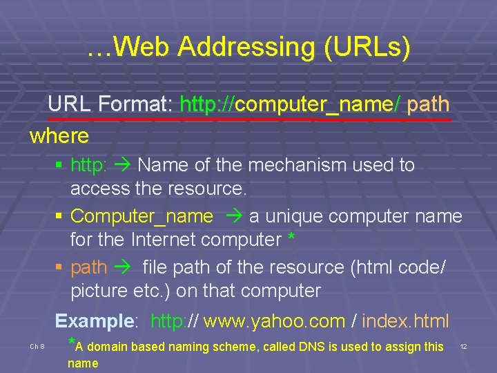 …Web Addressing (URLs) URL Format: http: //computer_name/ path where § http: Name of the …Web Addressing (URLs) URL Format: http: //computer_name/ path where § http: Name of the