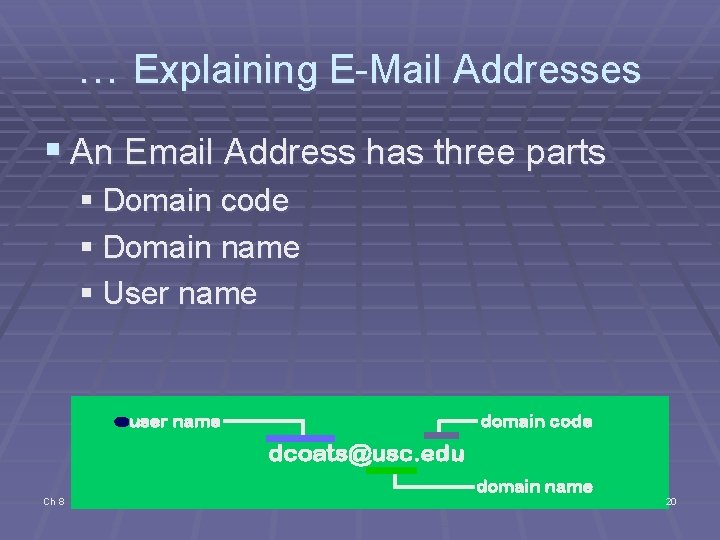… Explaining E-Mail Addresses § An Email Address has three parts § Domain code … Explaining E-Mail Addresses § An Email Address has three parts § Domain code