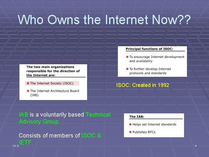 Who Owns the Internet Now? ? ISOC: Created in 1992 IAB is a voluntarily Who Owns the Internet Now? ? ISOC: Created in 1992 IAB is a voluntarily