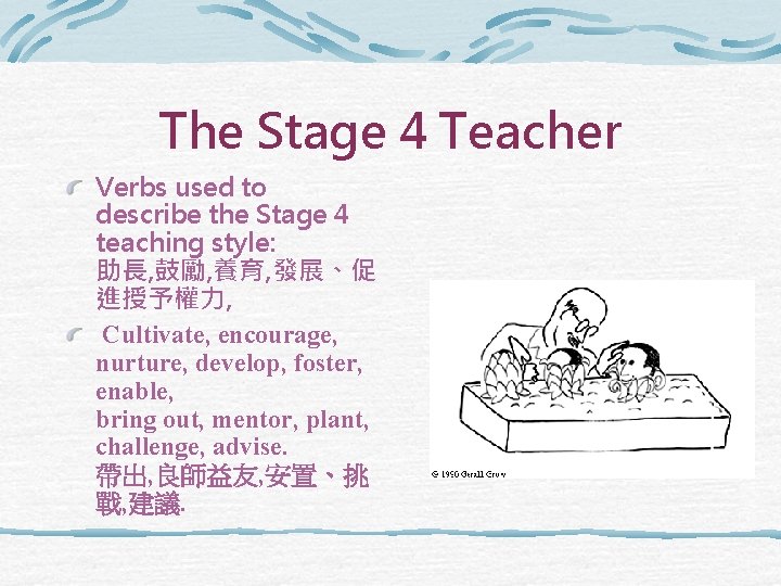 The Stage 4 Teacher Verbs used to describe the Stage 4 teaching style: 助長,