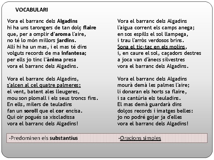 VOCABULARI Vora el barranc dels Algadins hi ha uns tarongers de tan dolç flaire