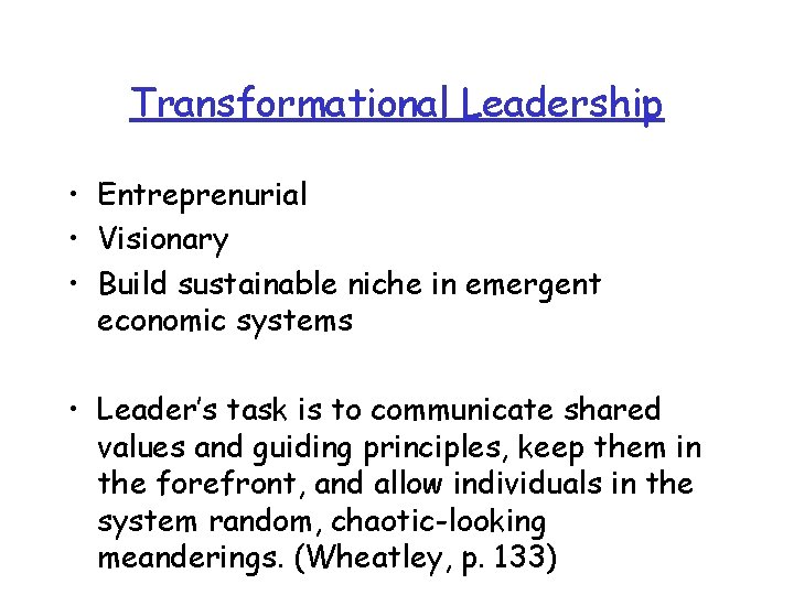 Transformational Leadership • Entreprenurial • Visionary • Build sustainable niche in emergent economic systems