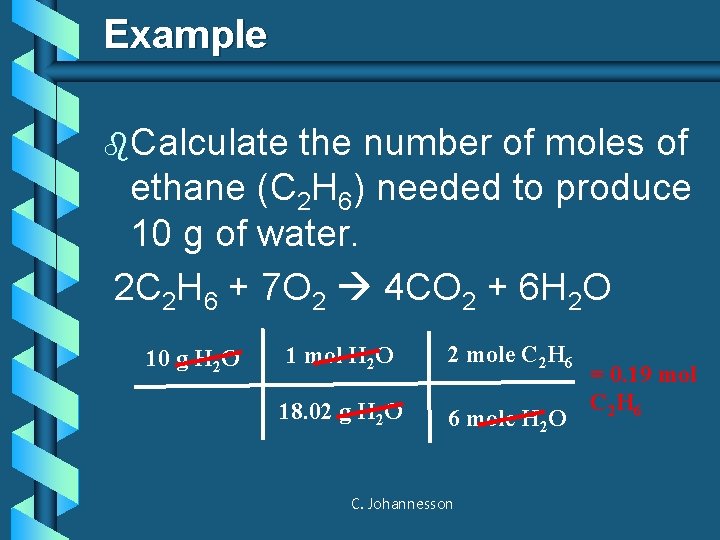 Example b. Calculate the number of moles of ethane (C 2 H 6) needed