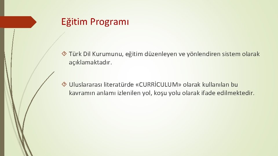 Eğitim Programı Türk Dil Kurumunu, eğitim düzenleyen ve yönlendiren sistem olarak açıklamaktadır. Uluslararası literatürde