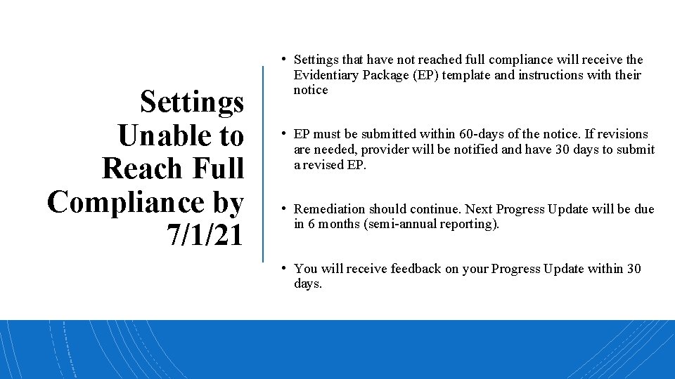 Settings Unable to Reach Full Compliance by 7/1/21 • Settings that have not reached