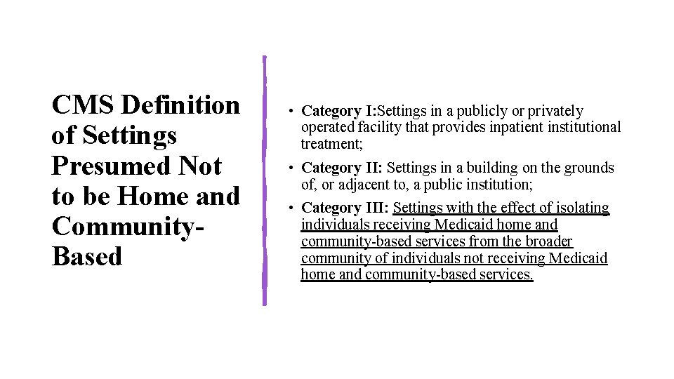 CMS Definition of Settings Presumed Not to be Home and Community. Based • Category