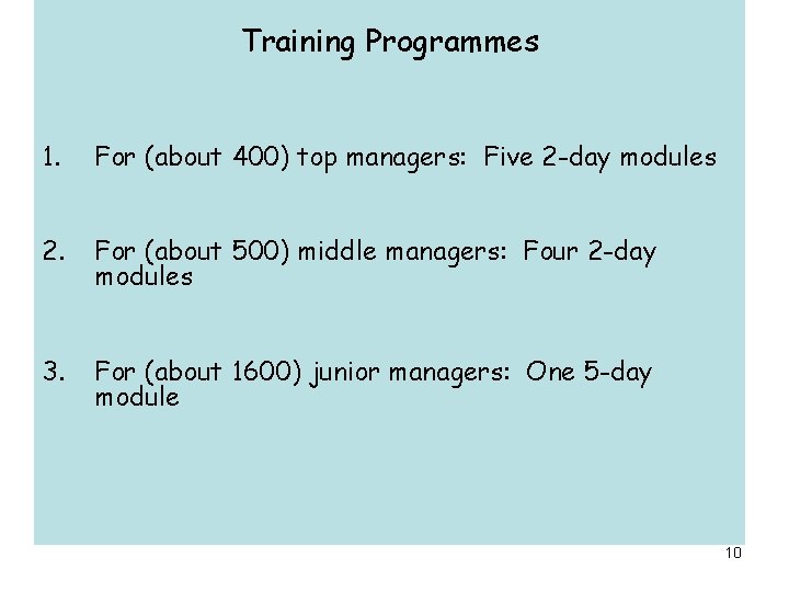 Training Programmes 1. For (about 400) top managers: Five 2 -day modules 2. For