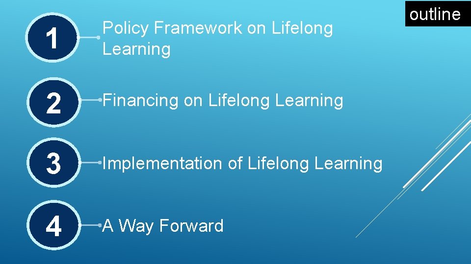 1 Policy Framework on Lifelong Learning 2 Financing on Lifelong Learning 3 Implementation of