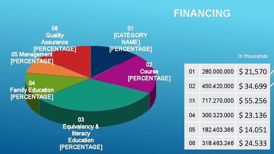 FINANCING 06 Quality Assurance [PERCENTAGE] 05 Management [PERCENTAGE] 04 Family Education [PERCENTAGE] 03 Equivalency