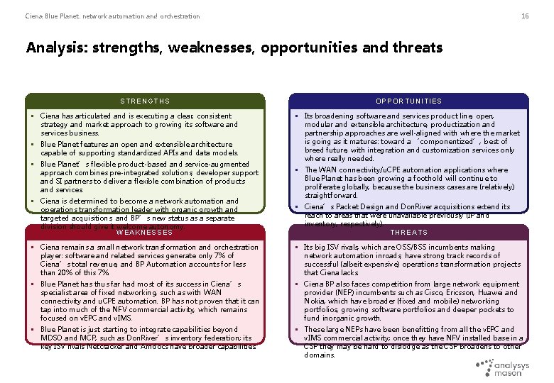 Ciena Blue Planet: network automation and orchestration 16 Analysis: strengths, weaknesses, opportunities and threats