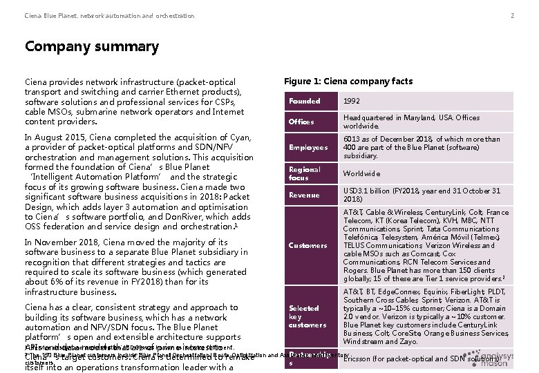 Ciena Blue Planet: network automation and orchestration 2 Company summary Ciena provides network infrastructure