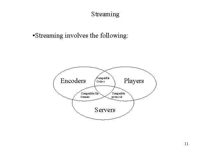 Streaming • Streaming involves the following: Encoders Compatible Codecs Compatible file formats Players Compatible