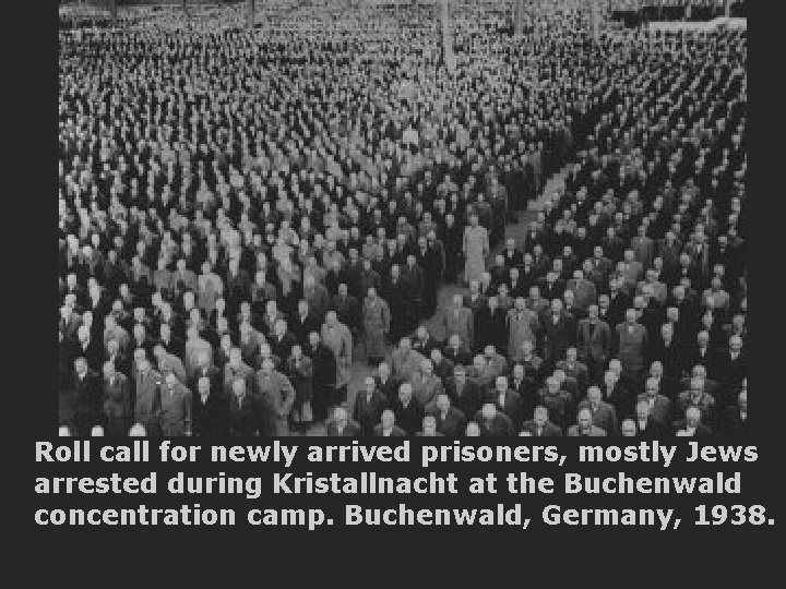 Roll call for newly arrived prisoners, mostly Jews arrested during Kristallnacht at the Buchenwald