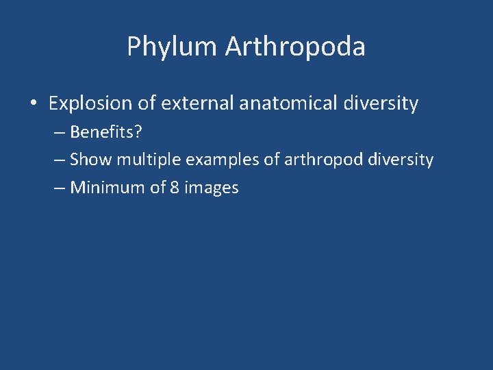 Phylum Arthropoda • Explosion of external anatomical diversity – Benefits? – Show multiple examples