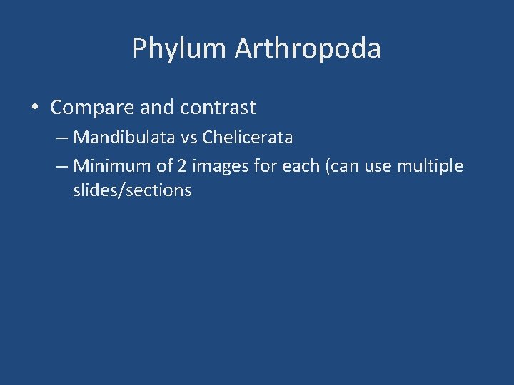 Phylum Arthropoda • Compare and contrast – Mandibulata vs Chelicerata – Minimum of 2
