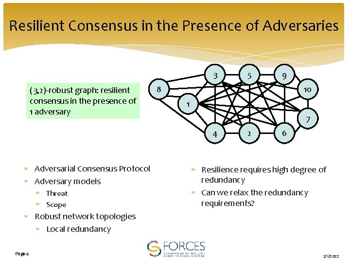 Resilient Consensus in the Presence of Adversaries 3 (3, 2)-robust graph: resilient consensus in