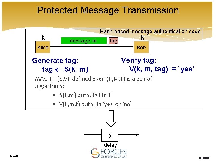 Protected Message Transmission k Hash-based message authentication code message m tag Alice k Bob