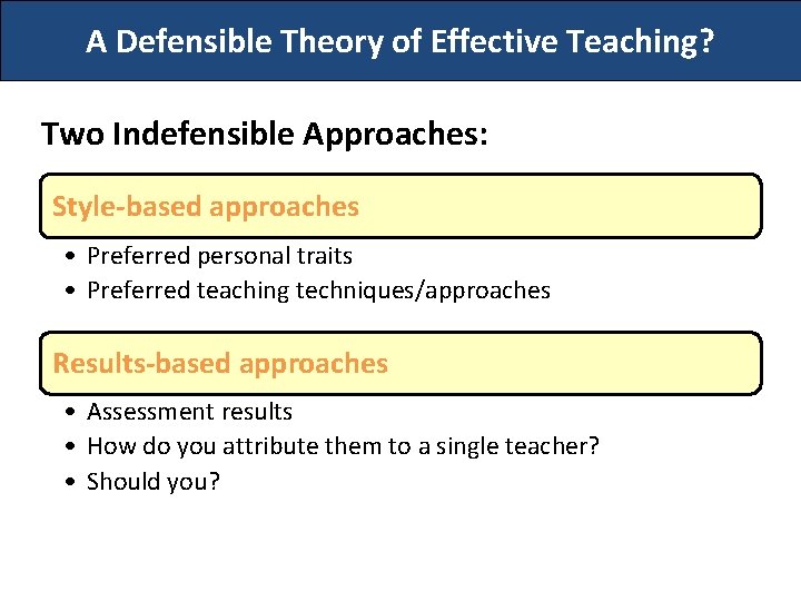 A Defensible Theory of Effective Teaching? Two Indefensible Approaches: Style-based approaches • Preferred personal
