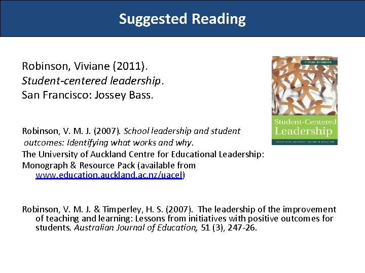 Suggested Reading Robinson, Viviane (2011). Student-centered leadership. San Francisco: Jossey Bass. Robinson, V. M.