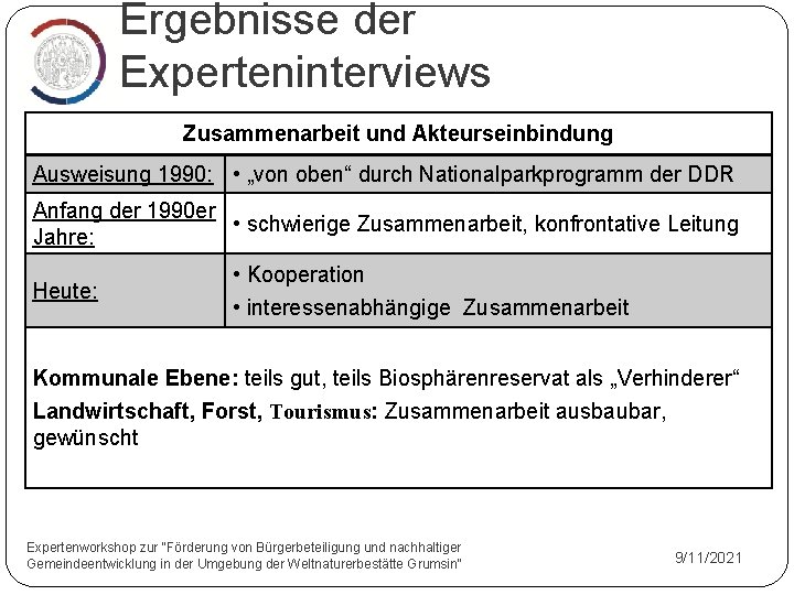 Ergebnisse der Experteninterviews Zusammenarbeit und Akteurseinbindung Ausweisung 1990: • „von oben“ durch Nationalparkprogramm der