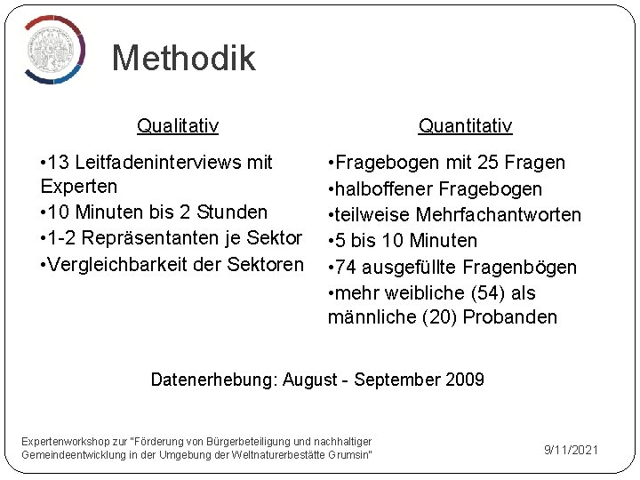 Methodik Qualitativ • 13 Leitfadeninterviews mit Experten • 10 Minuten bis 2 Stunden •