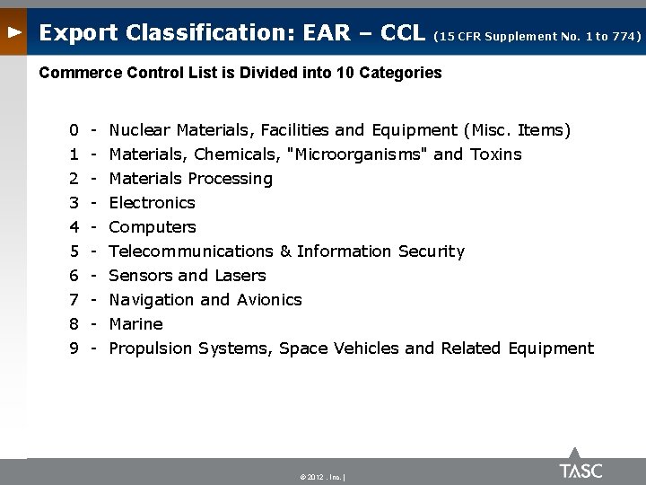 Export Classification: EAR – CCL (15 CFR Supplement No. 1 to 774) Commerce Control