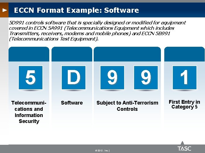 ECCN Format Example: Software 5 D 991 controls software that is specially designed or