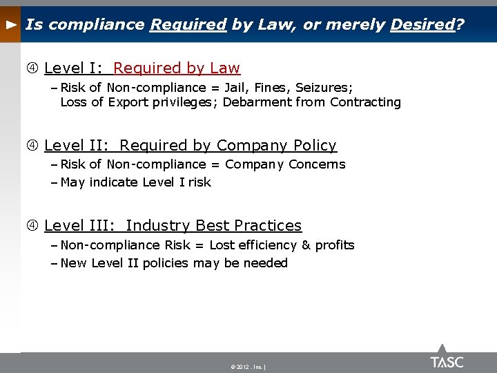 Is compliance Required by Law, or merely Desired? Level I: Required by Law –